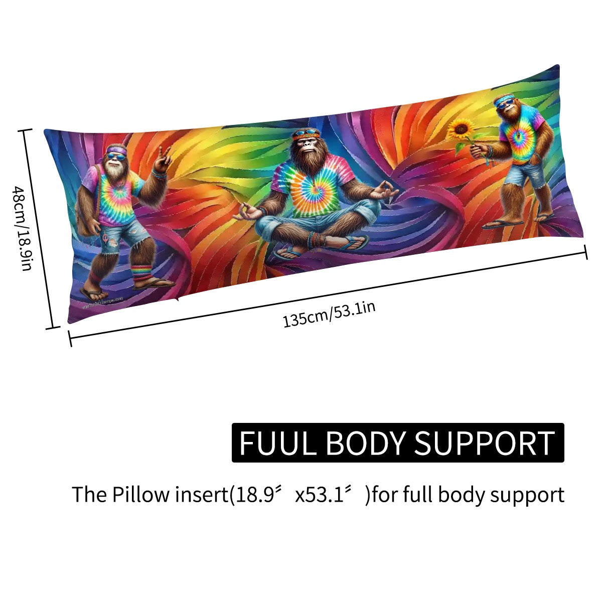 Hippie Bigfoot / Sasquatches on Tie Dye, Long Body Pillow Case