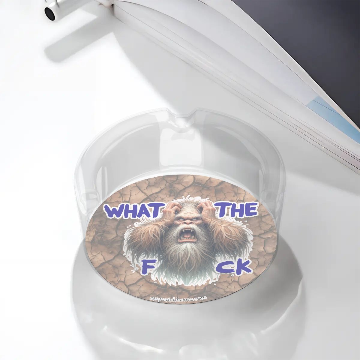 3 .3" Round, Lead Free Glass Ashtray - Bigfoot, Sasquatch, "WTF"