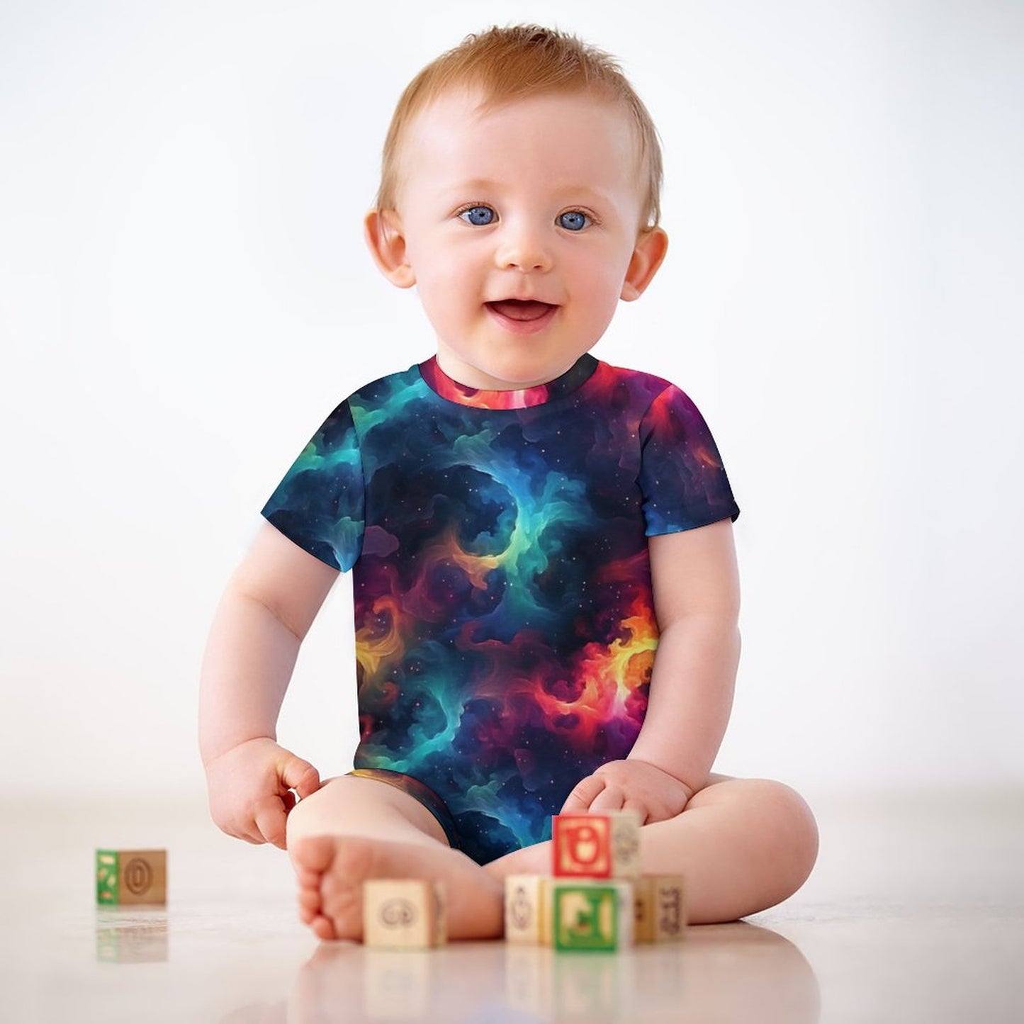 12 Galaxy, Outer Space Designs, Faux Cotton Short Sleeve Baby Bodysuit Romper