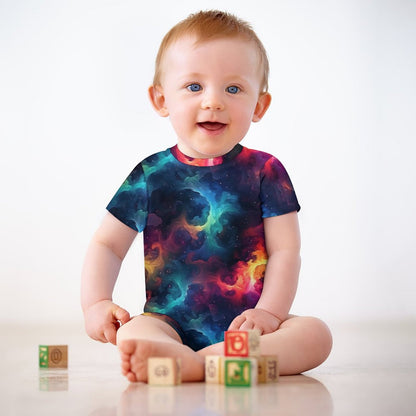 12 Galaxy, Outer Space Designs, Faux Cotton Short Sleeve Baby Bodysuit Romper