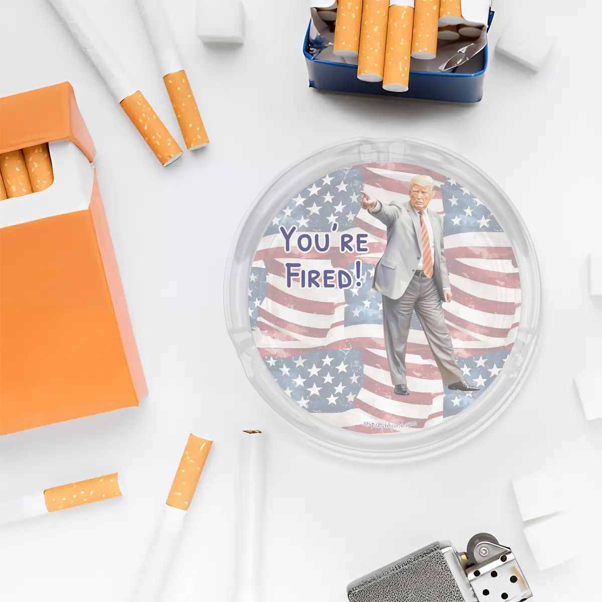 3 .3" Round, Lead Free Glass Ashtray - Donald Trump, "You're Fired"