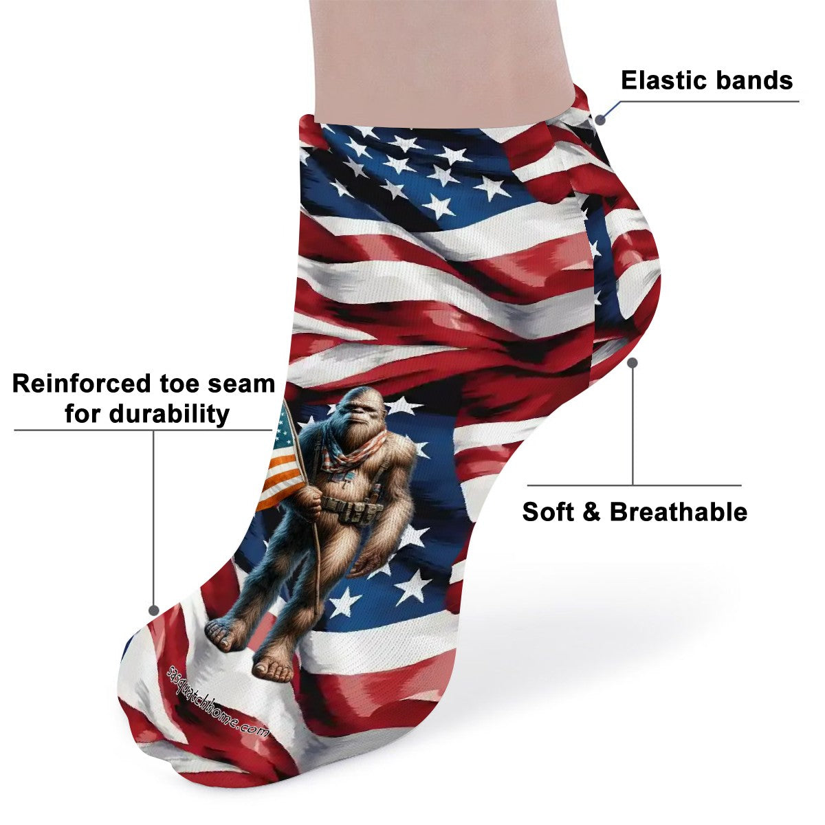 Patriotic Bigfoot, Sasquatch, 8” Poly Ankle Socks