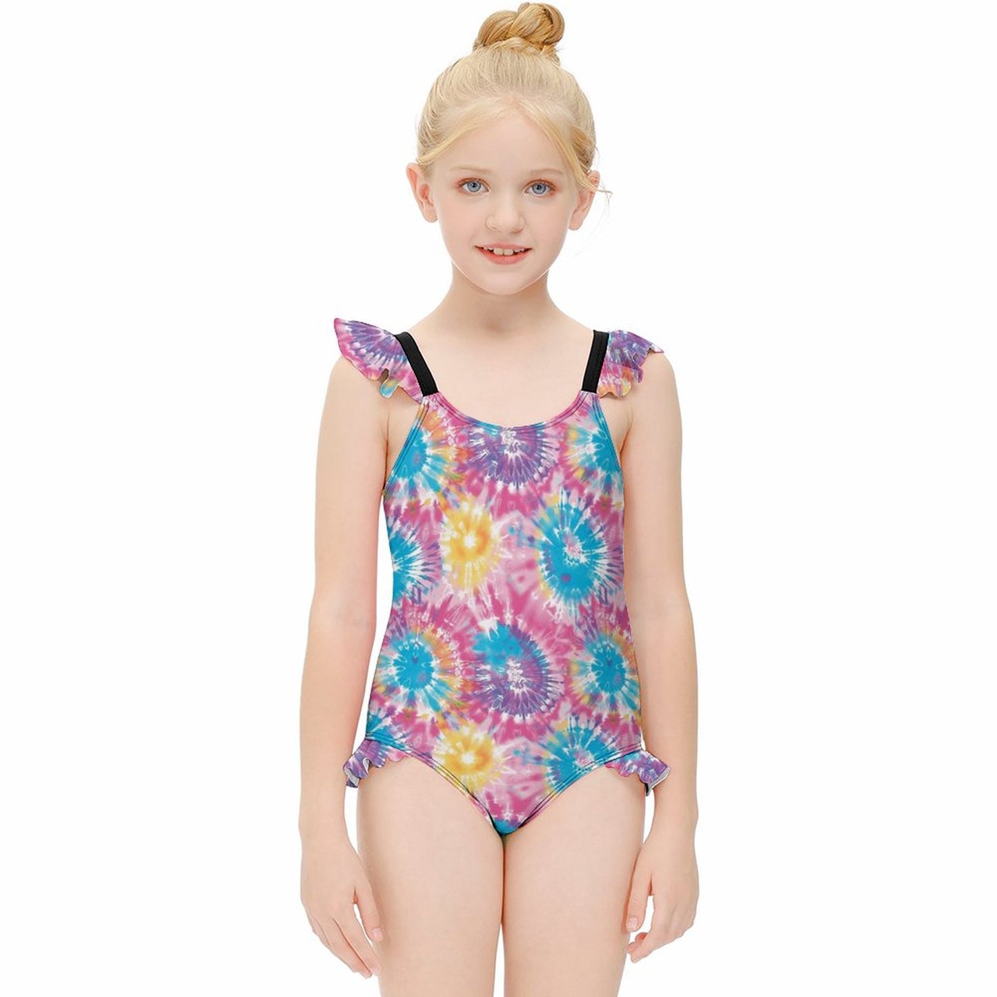 19 Tie Dye Designs, Girls One-Piece Summer Swimsuit, Ruffle Shoulder
