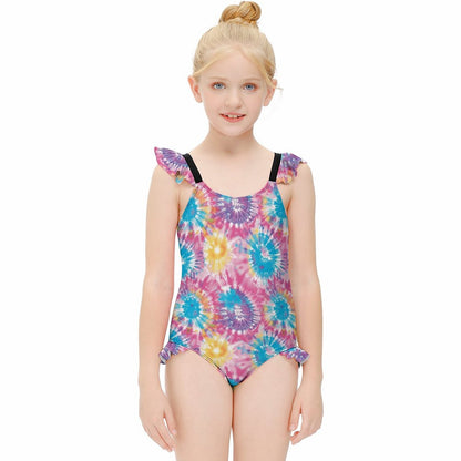 19 Tie Dye Designs, Girls One-Piece Summer Swimsuit, Ruffle Shoulder