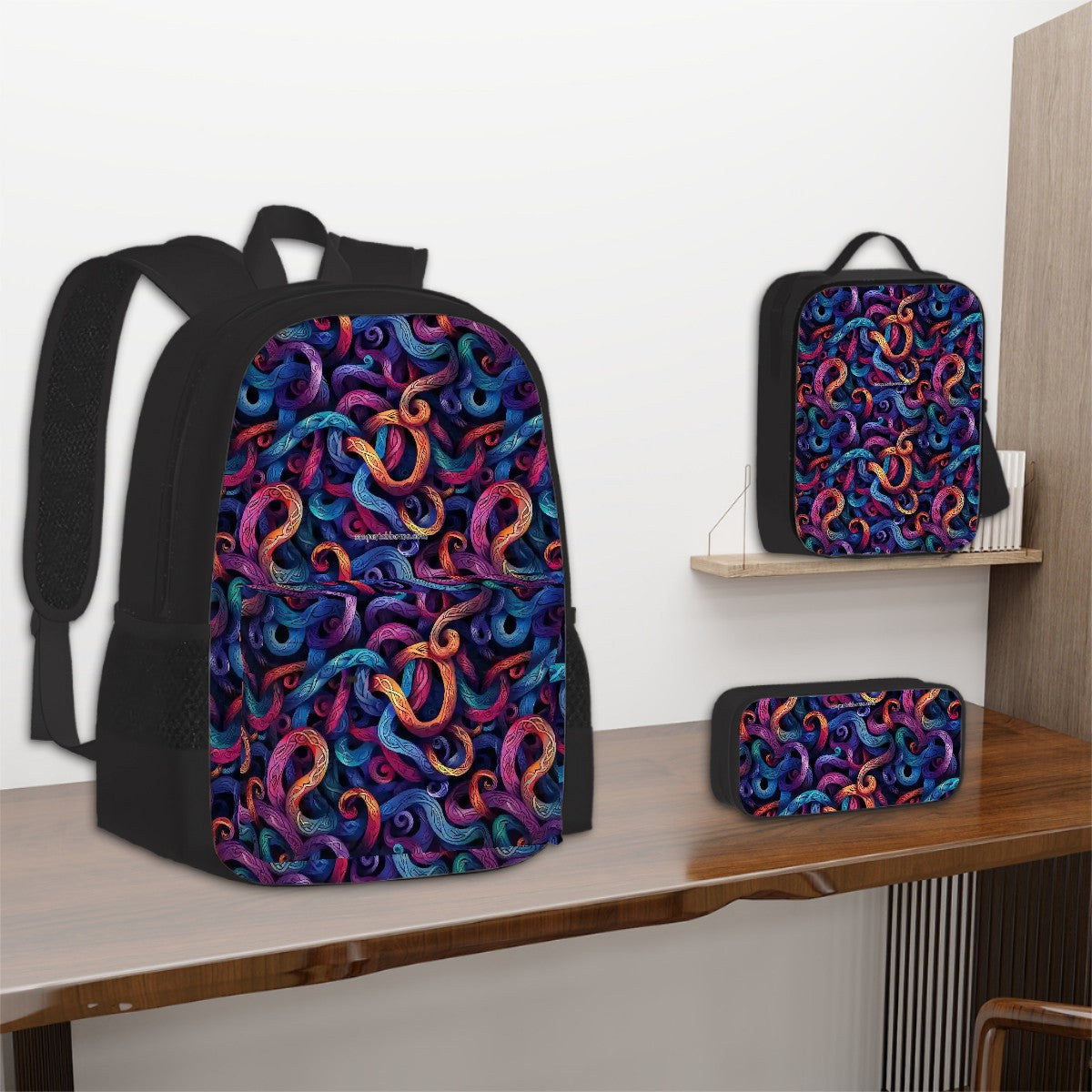 Psychedelic Design, 3 Piece Bag Set – Oxford Backpack, Lunch Bag, Pencil Pouch