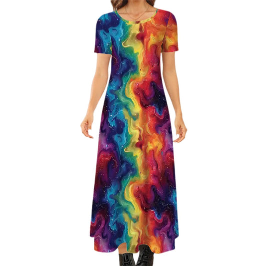 Rainbow Swirl Crew Neck Short Sleeve Maxi Dress