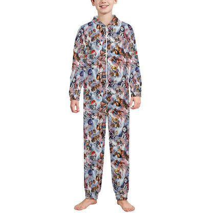 8 Patriot Designs, Youth Flannel Footless Zip up Pajama Jumpsuit