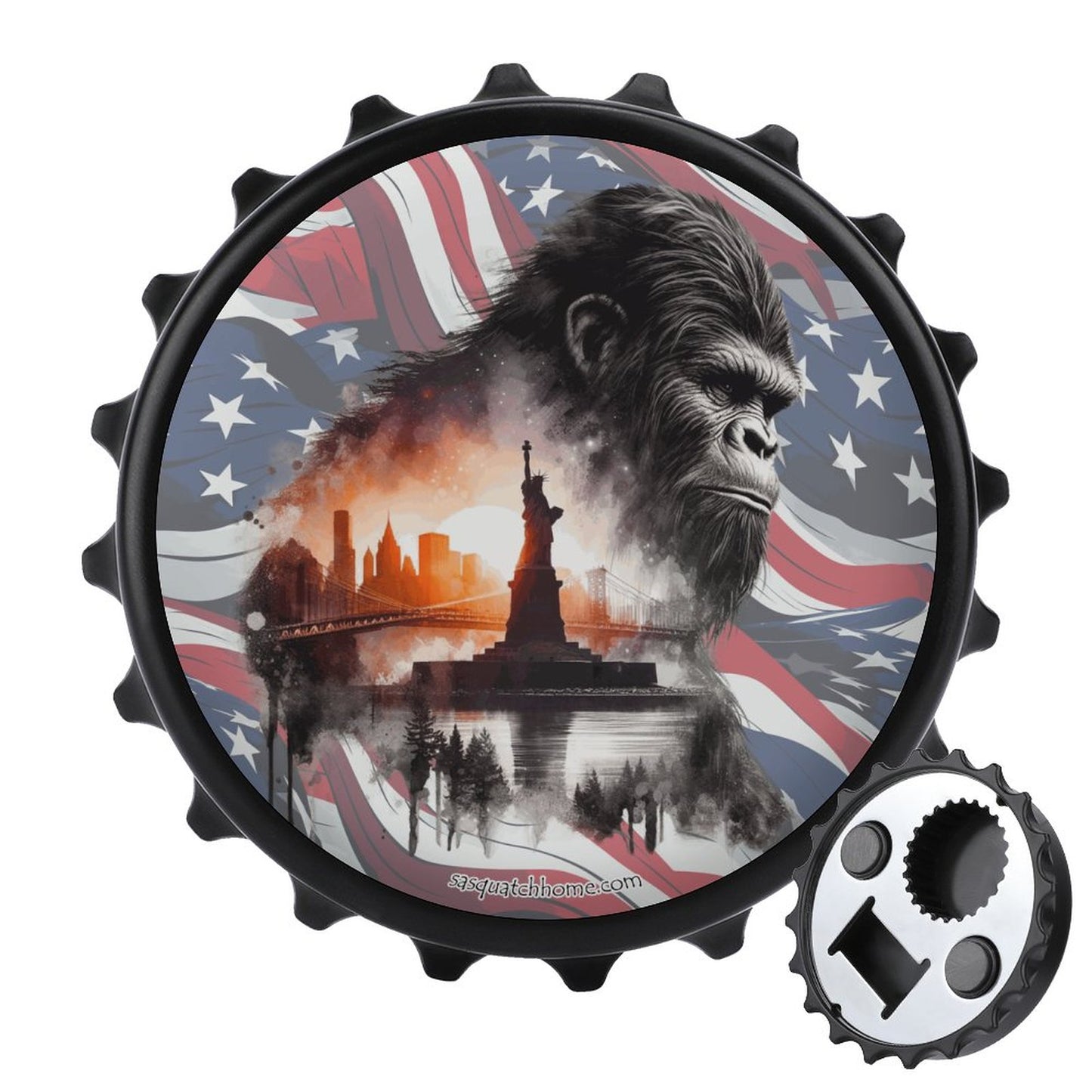 Patriot Bigfoot Sasquatch, 3” Magnetic Can Opener / Coaster / Fridge Decor