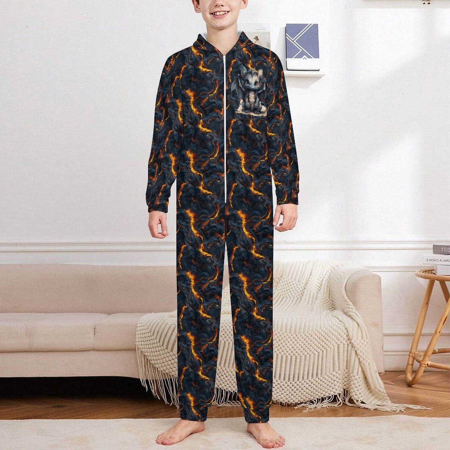 Dragon on Lava, Youth Flannel Footless Zip up Pajama Jumpsuit