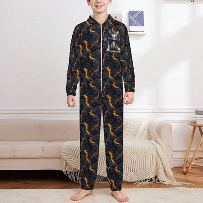 Dragon on Lava, Youth Flannel Footless Zip up Pajama Jumpsuit