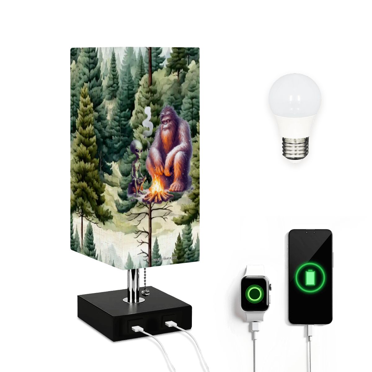 Bigfoot / Sasquatch & Alien, Square Table Lamp with USB Ports, Charger