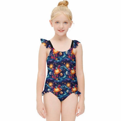 12 Outer Space Designs, Girls One-Piece Summer Swimsuit, Ruffle Shoulder