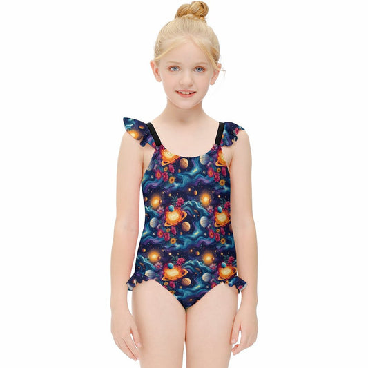 12 Outer Space Designs, Girls One-Piece Summer Swimsuit, Ruffle Shoulder
