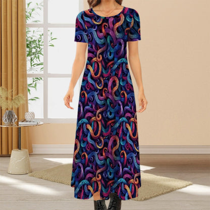 Colorful Design Crew Neck Short Sleeve Maxi Dress