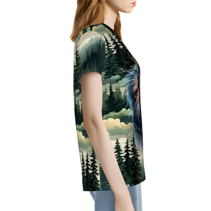 Bigfoot, Sasquatch, In The Woods, Women’s Polyester Short Sleeve T-Shirt