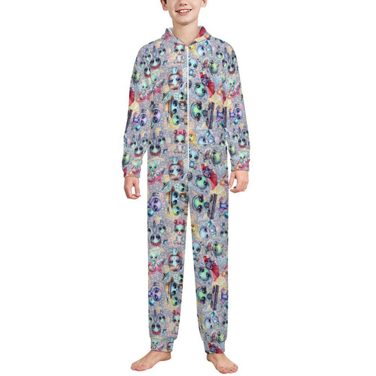 6 Alien Designs, Youth Flannel Footless Zip up Pajama Jumpsuit