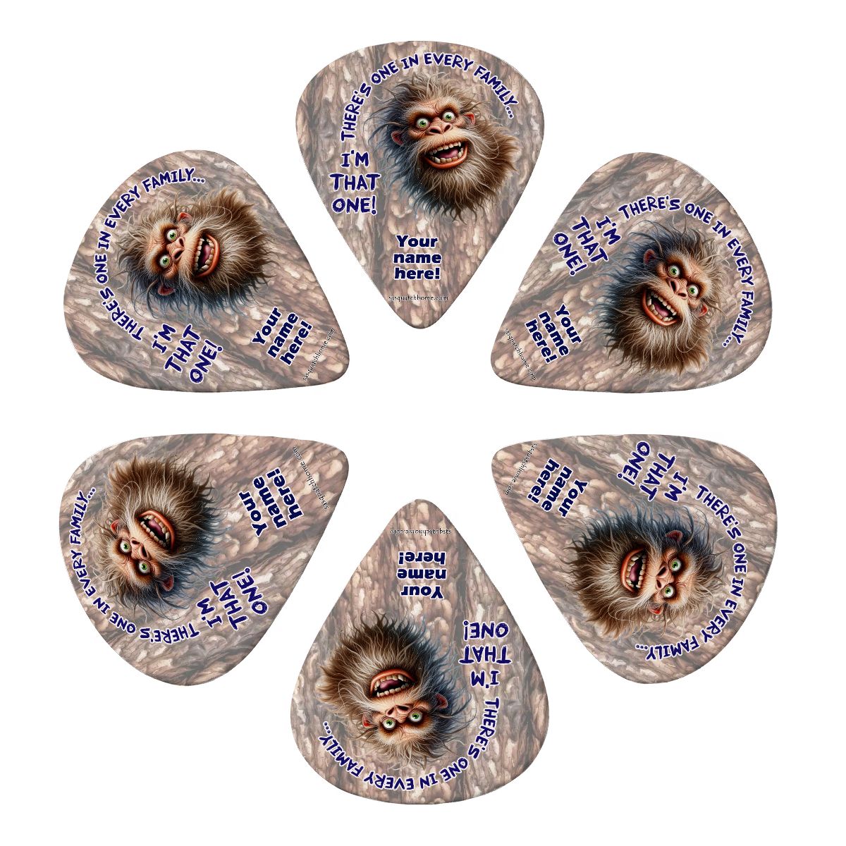 6 Guitar Picks with Keychain Snap Pick Wallet- Bigfoot Sasquatch, "There's One"  – 3 Thicknesses