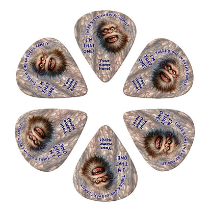 6 Guitar Picks with Keychain Snap Pick Wallet- Bigfoot Sasquatch, "There's One"  – 3 Thicknesses