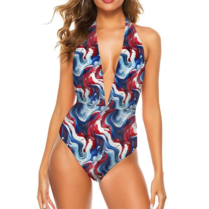 Patriotic Swirls, Women’s Deep V One Piece Swimsuit
