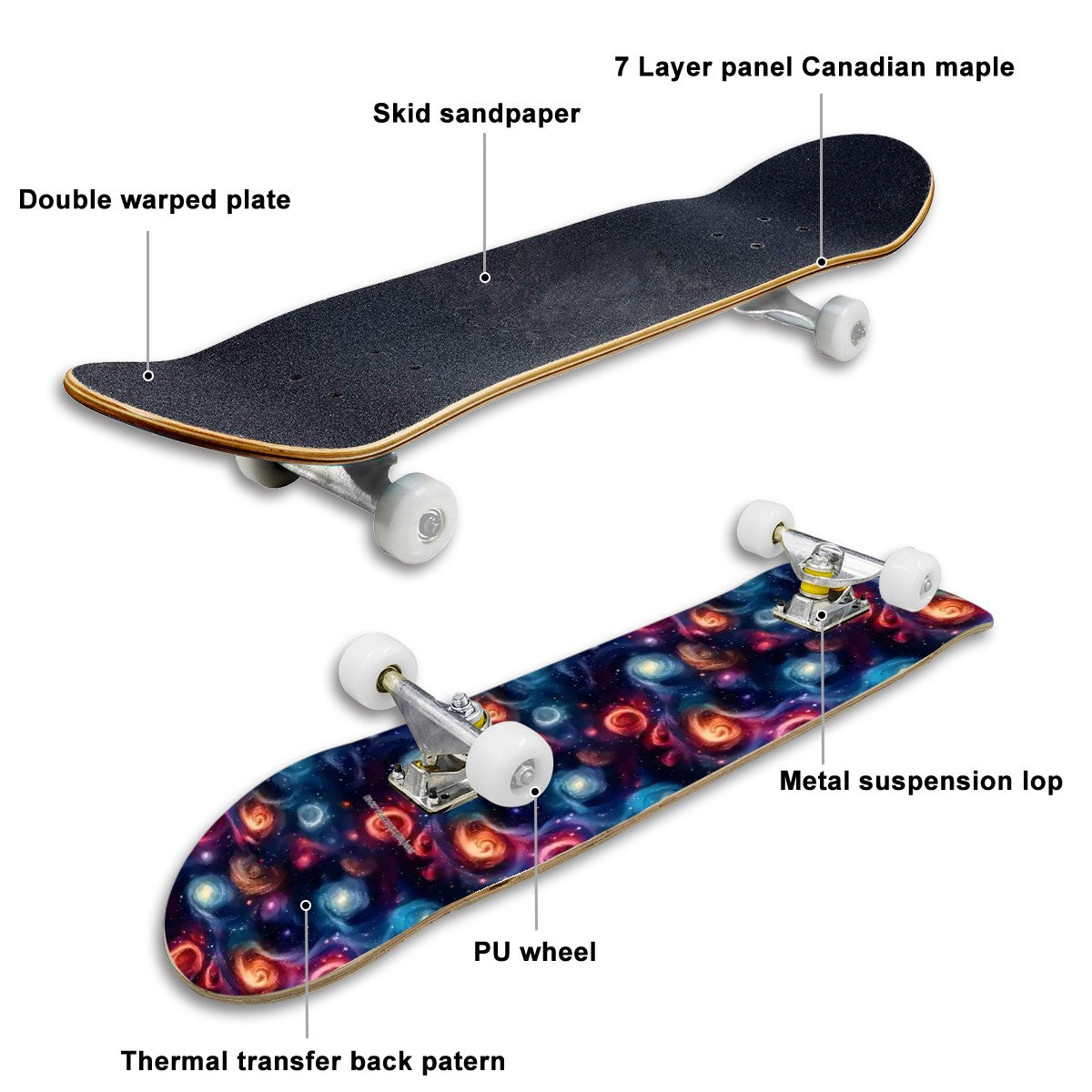 12 Galaxy / Outer Space Designs, High Density 7 Layer Skateboard, Made In USA
