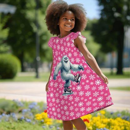 Yeti on Pink Snowflakes, Girl's Flutter Sleeve Nightgown