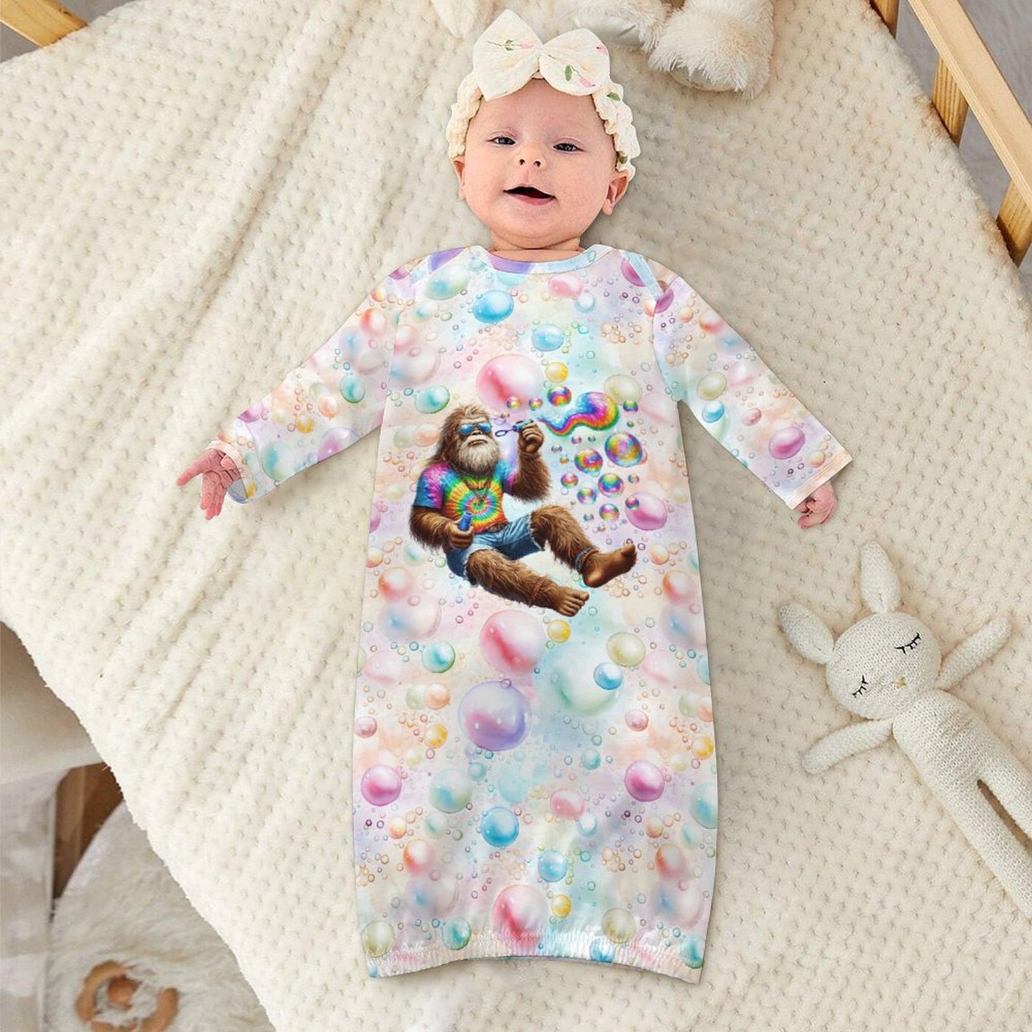 Hippie Bigfoot Sasquatch Bubbles, Baby Long Sleeve Faux Cotton Sleeper Gown