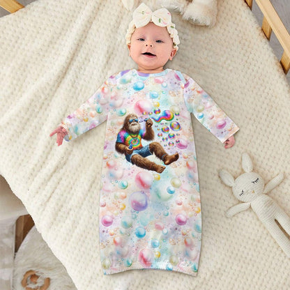 Hippie Bigfoot Sasquatch Bubbles, Baby Long Sleeve Faux Cotton Sleeper Gown