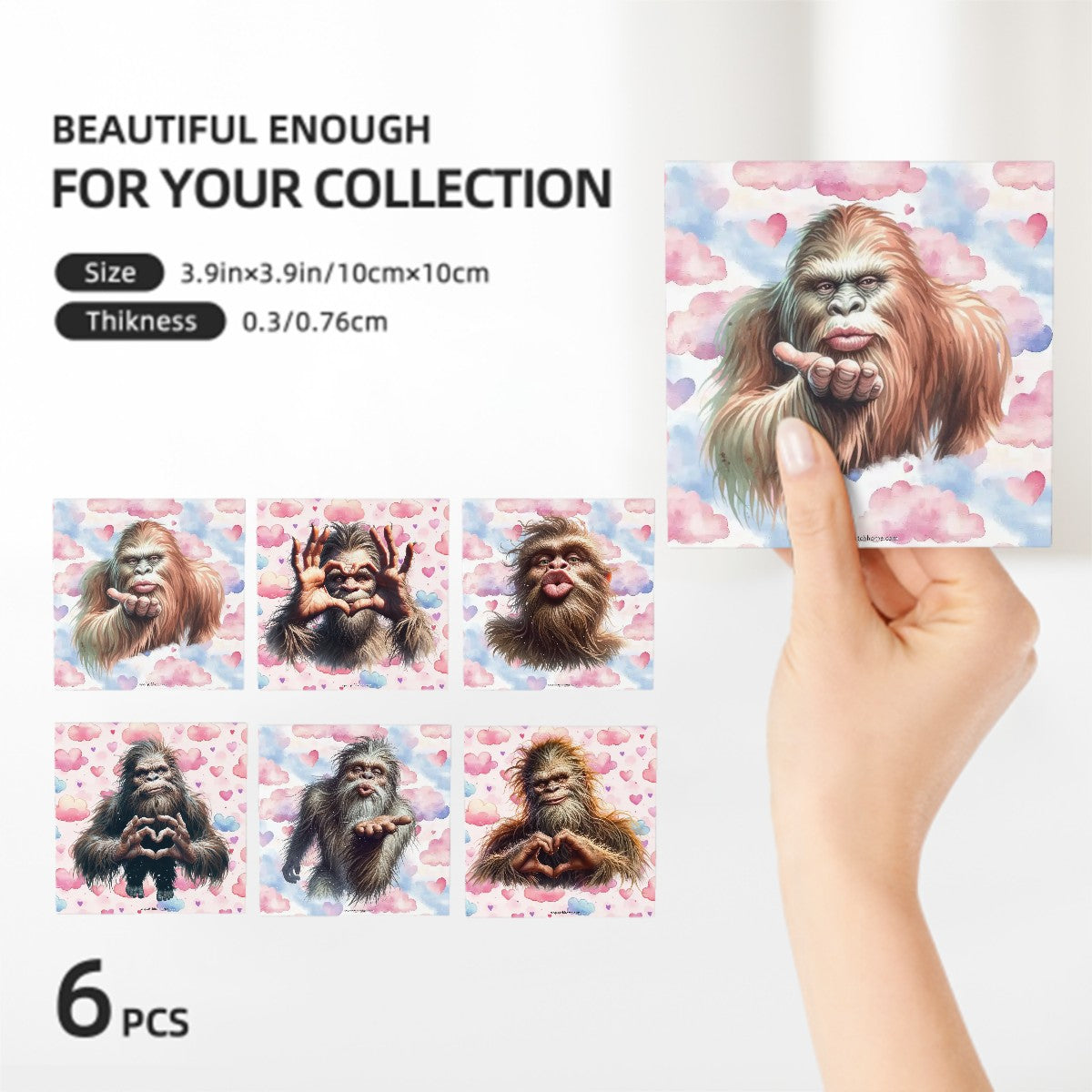 Bigfoot / Sasquatch Love, 6 Ceramic Coasters w metal stand