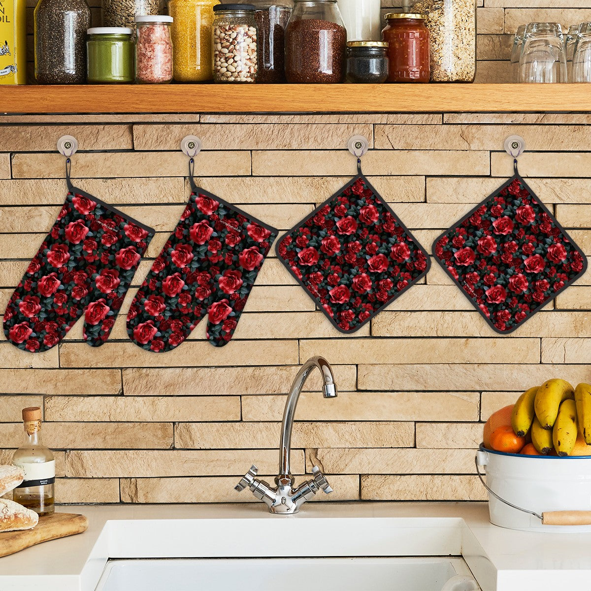 10 Beautiful Flower Designs, 4 Piece Oven Mitts / Pot Holder Sets