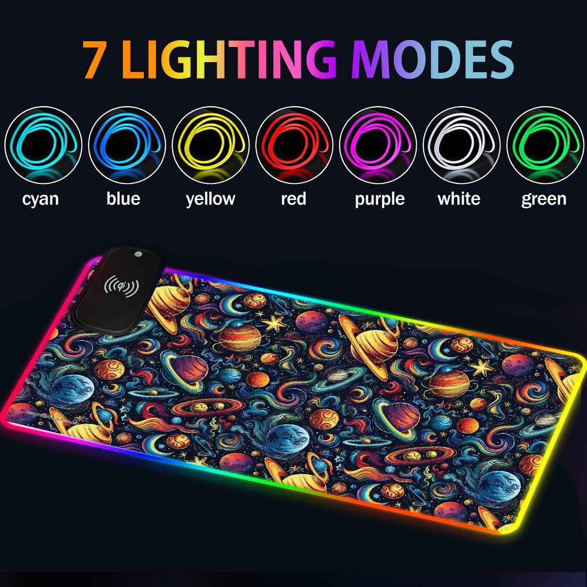 12 Galaxy Space Designs, Wireless Charging Gaming Mouse Pads / Mat With Lights - 2 Sizes