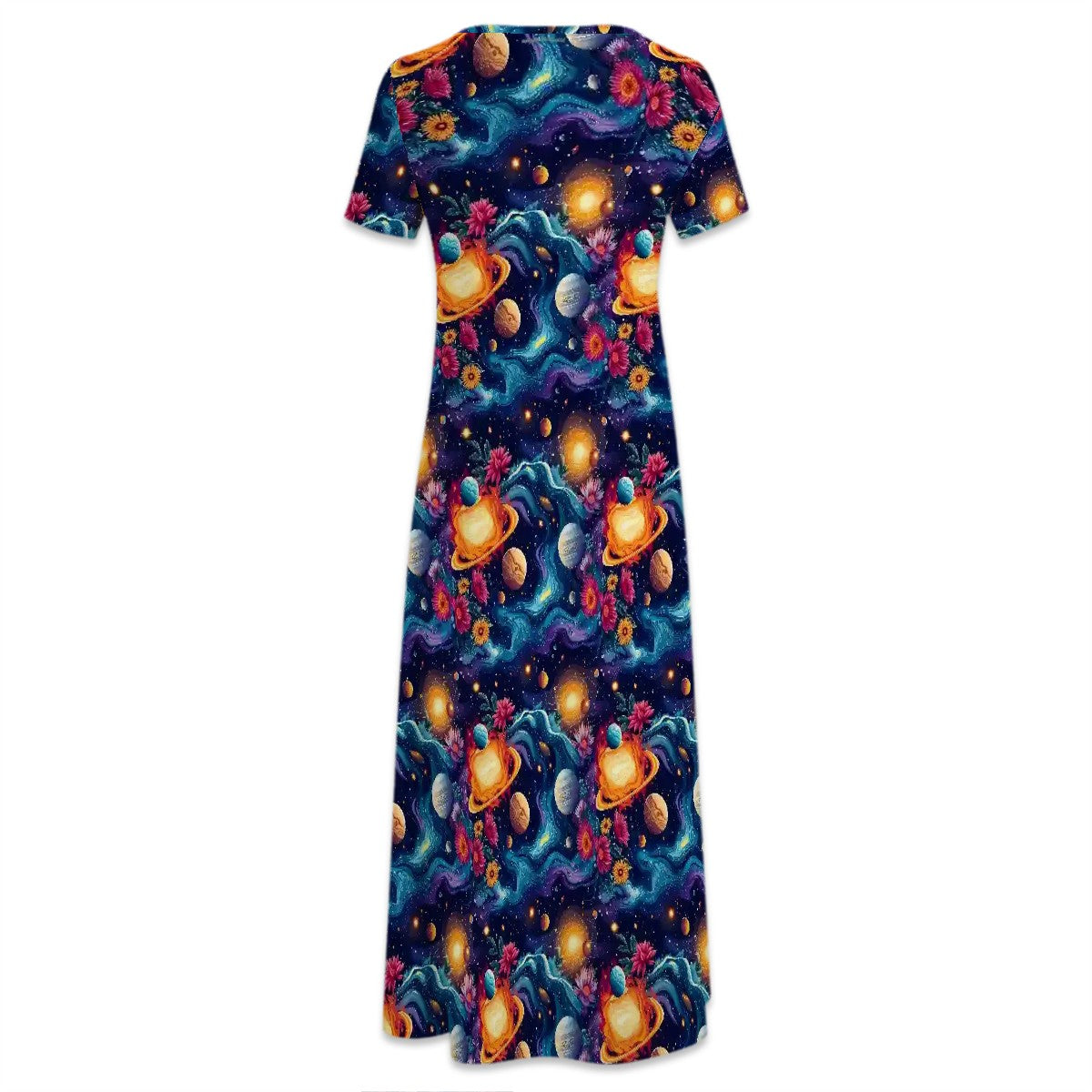 12 BEAUTIFUL Outer Space Designs, Crew Neck Short Sleeve Maxi Dress