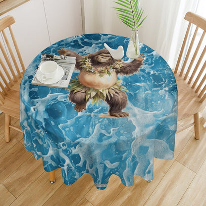 Sasquatch Hula On the Beach Round Tablecloth on Round Table