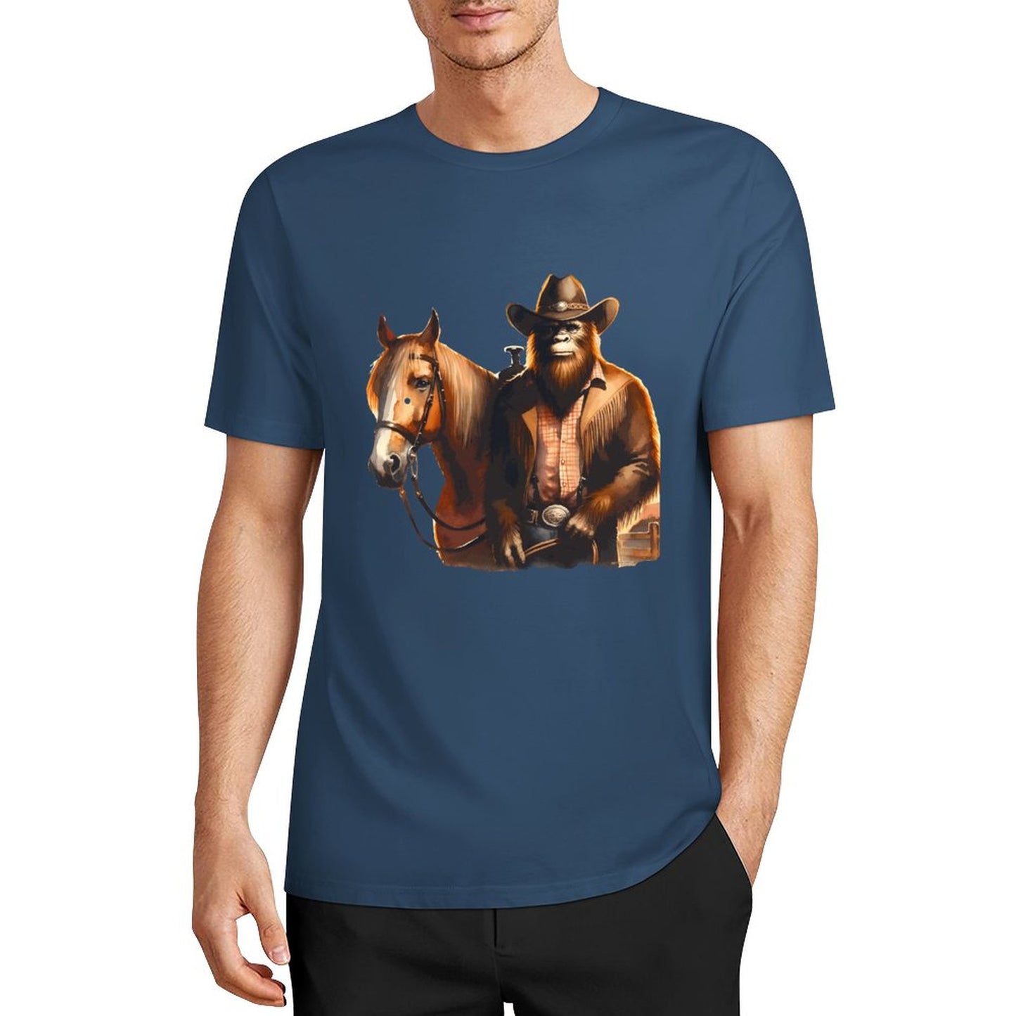 Bigfoot - Sasquatch Cowboy w Horse Short Sleeve Cotton T-Shirt