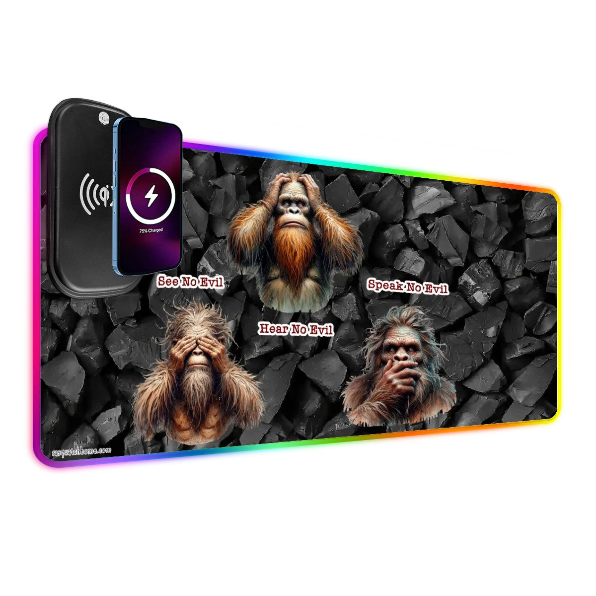 Bigfoot / Sasquatch "See no evil..", Wireless Charging Gaming Mouse Pads / Mat With Lights - 2 Sizes