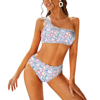 Colored Rainbow Stones, Women One Shoulder Bikini High Waist Swimsuit