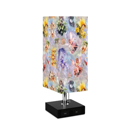 6 Fairy Designs, Square Table Lamp with USB Ports, Charger