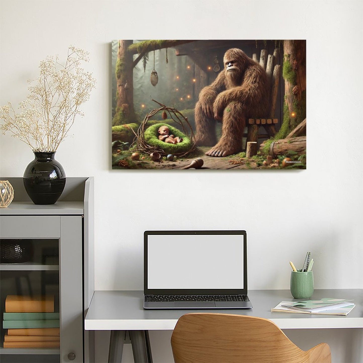 Bigfoot Sasquatch Family Image - Vintage Framed Canvas Art - 2 Sizes – Made in the USA