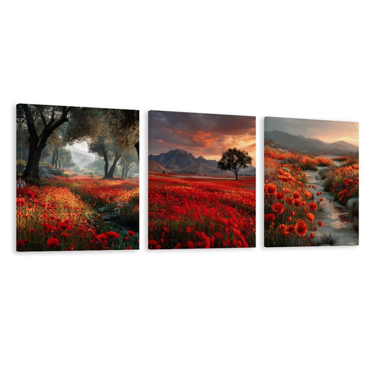 Poppy Fields Canvas Wall Art -16”x 20” (x3) - Made In USA