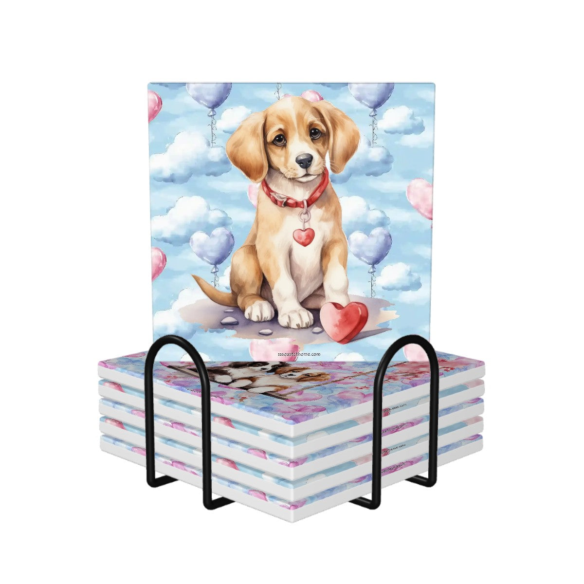 Puppy Love Theme, 6 Ceramic Coasters w metal stand