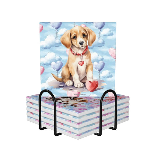 Puppy Love Theme, 6 Ceramic Coasters w metal stand