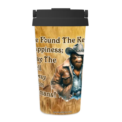 Bigfoot / Sasquatch "Key to happiness..", 17 oz Insulated Coffee Mug with Lid & Carrying Handle