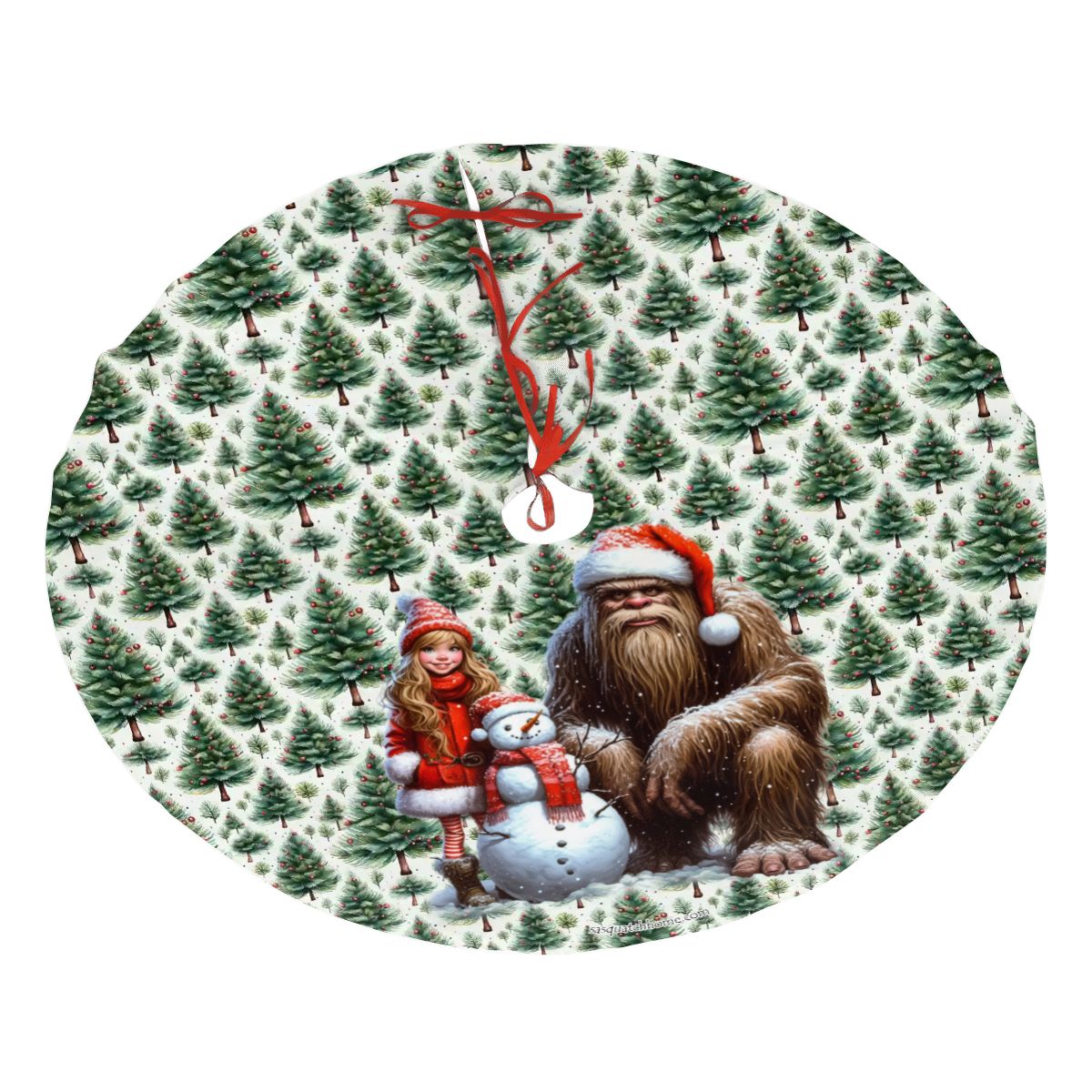 Sasquatch Santa Bigfoot w Girl, Plush Christmas Tree Skirt – 3 Sizes