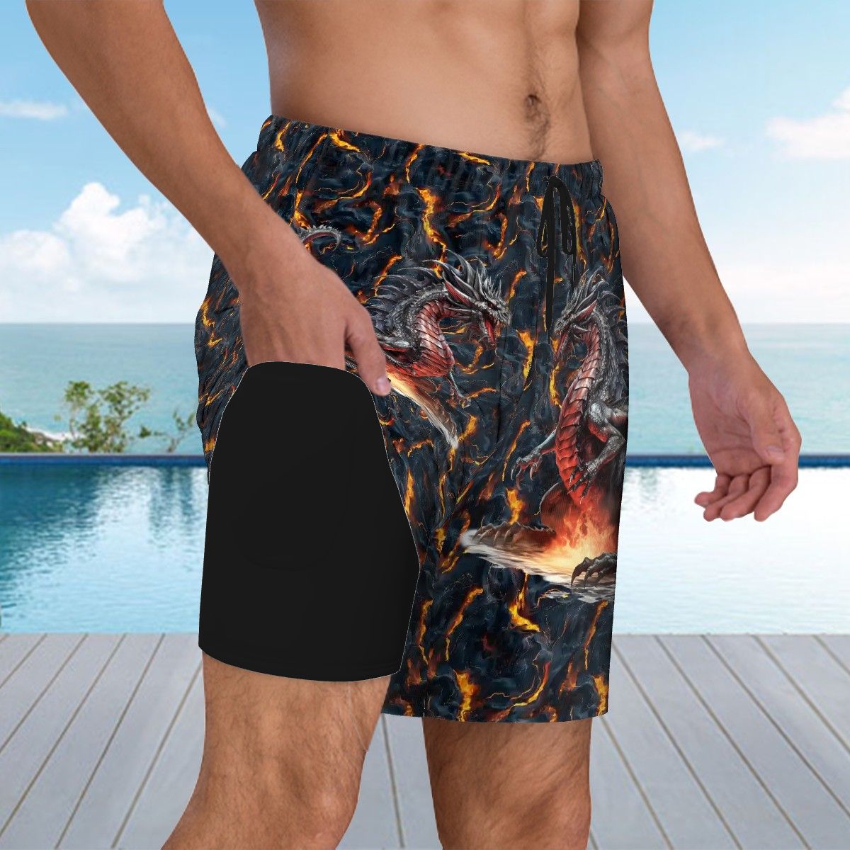 Fire Dragon 2, Men Beach Shorts / Swim trunks with 4 Pockets