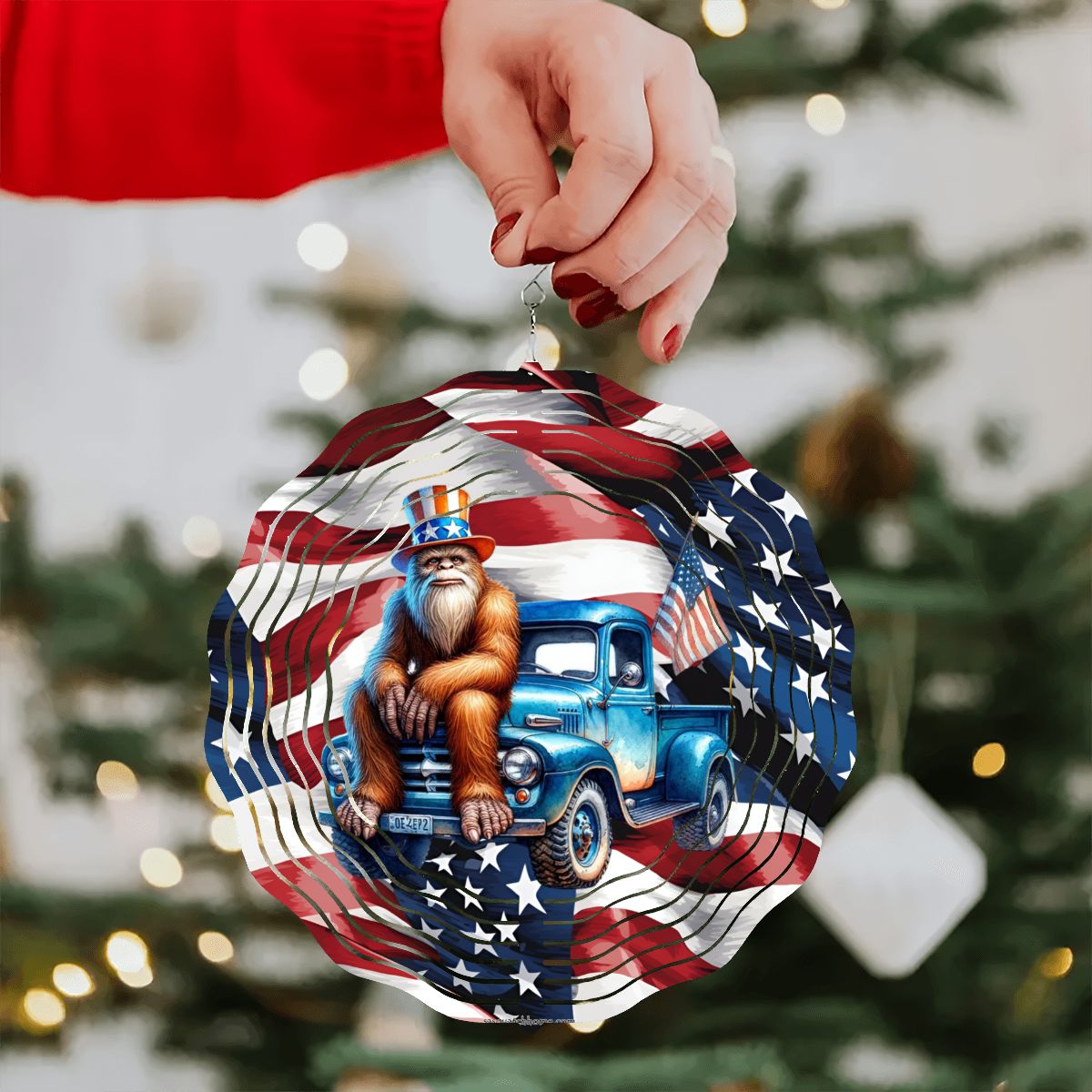 Patriotic Bigfoot, Sasquatch, US Made Hanging Metal 3D Wind Spinner, Ornament