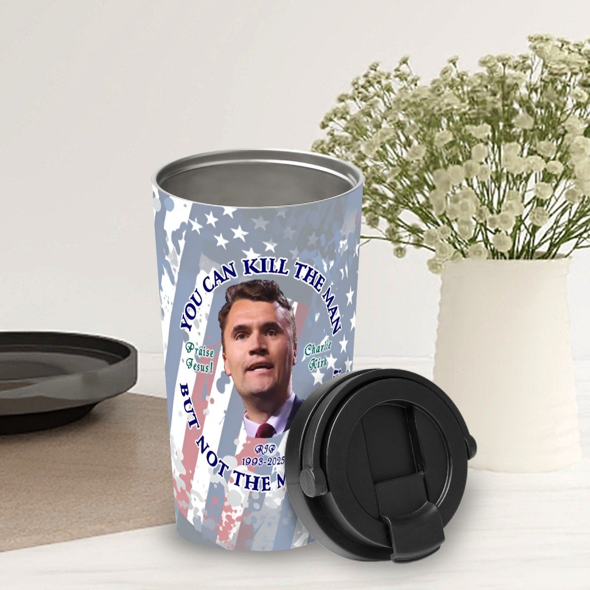 Charlie Kirk Memorial, 17 oz Insulated Coffee Mug with Lid & Carrying Handle