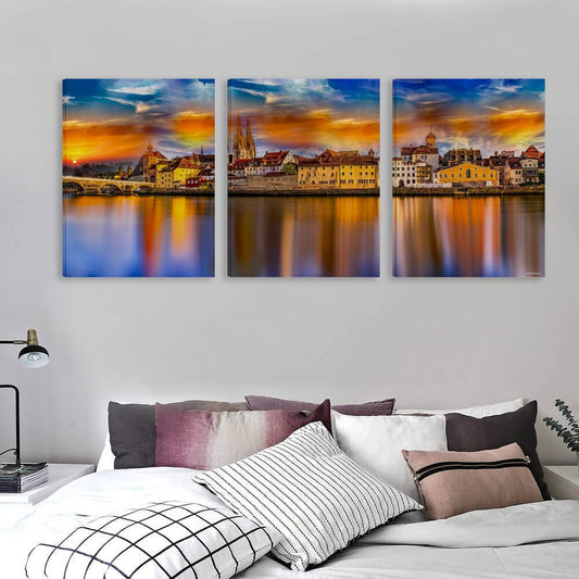 City Scape Canvas Wall Art - 12”x 16” or 18”x24” (x 3) - Made In USA
