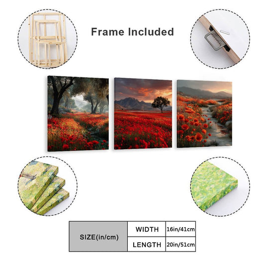 Poppy Fields Canvas Wall Art -16”x 20” (x3) - Made In USA