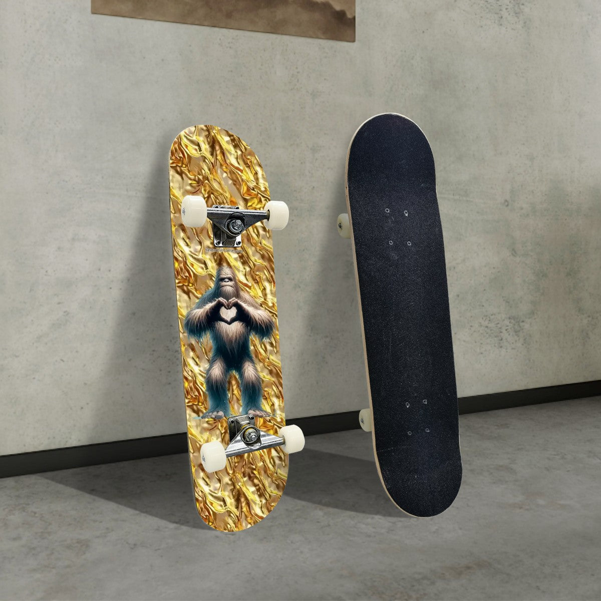Bigfoot / Sasquatch Heart on Gold, High Density 7 Layer Skateboard, Made In USA