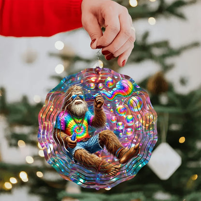 Hippie Sasquatch Blow Bubbles, US Made Hanging Metal 3D Wind Spinner, Ornament