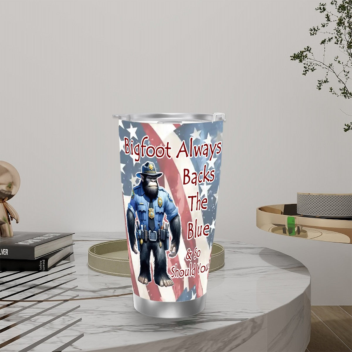 Bigfoot Police Officer, 20 oz Travel Coffee Mug w/ Straw & Brush Options